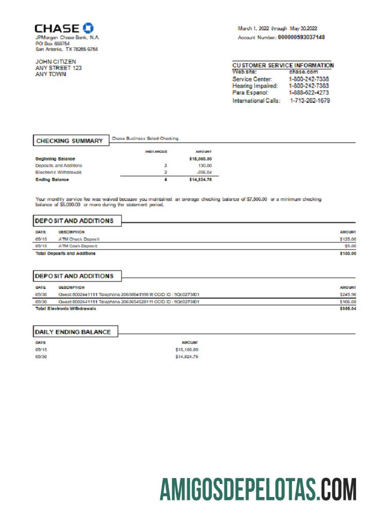 Extrato bancário do USA Chase para impressão, modelo Word e PDF, versão 3.1